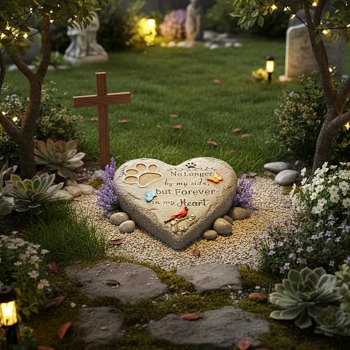 Pet Memorial Stone for Cats Dog Remembrance Gift with Paw Print | Pet Grave Markers Heart-Shaped Resin Dog Loss Sympathy Gift 6 inch with Cardinal and Butterfly
