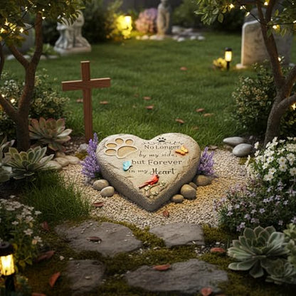 Pet Memorial Stone for Cats Dog Remembrance Gift with Paw Print | Pet Grave Markers Heart-Shaped Resin Dog Loss Sympathy Gift 6 inch with Cardinal and Butterfly