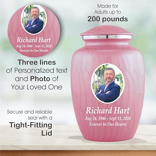 Personalized Photo Cremation Urns for Adult Ashes Male Female - 200lbs Custom Photo Burial Urns for Human Ashes - Engraved Handcrafted Funeral Decorative Urns for Adult with Velvet Bag, Pink Enamel
