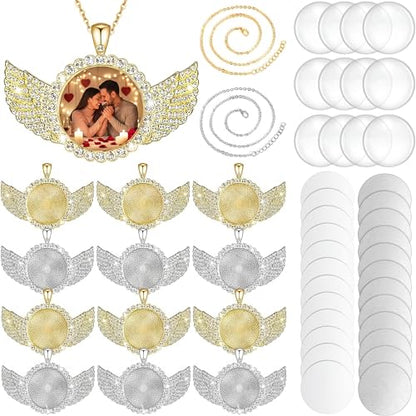 Hicarer 60 Pcs Sublimation Necklace Angel Wing Necklace with Picture | Memorial Necklace Jewelry Blanks Trays Rhinestone Bezel Gold Silver Blank with Chain for Christmas DIY Wedding Souvenir Gift