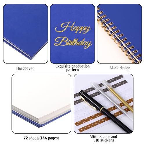 Mooliwe Birthday Guestbook with Pens Stickers Blue Spiral Hardbound Book 8.3 x 6.5 Inch Hardcover Hardbound Signature Guest Book for Photobooth Photo Strips Scrapbook Party Supplies (Blue Birthday) - color: Blue