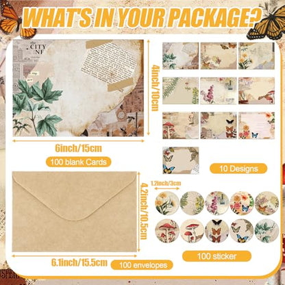 Motiskyy 100 Pcs Nature Vintage Design Blank Greeting Cards 4x6, Rustic Butterfly Blank Cards, 10 Designs, Great Stationary Set for All Occasions with Matching Rustic Envelopes and Stickers - style: Rustic