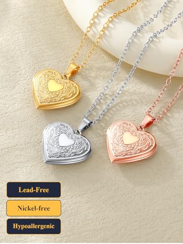 U7 Women Locket Necklace, Heart Photo Lockets Hold Picture, Gift Box Packed - color: gold
