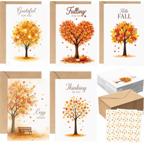 Eaasty 50 Pack Fall Greeting Cards with Envelopes, Stickers, Autumn Tree Design, 3.94 x 5.91 In, Blank Inside. Blank Inside Seasonal Cards for Thanksgiving, Thinking of You, Friends, Family, Coworkers - style: Autumn Style