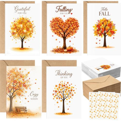 Eaasty 50 Pack Fall Greeting Cards with Envelopes, Stickers, Autumn Tree Design, 3.94 x 5.91 In, Blank Inside. Blank Inside Seasonal Cards for Thanksgiving, Thinking of You, Friends, Family, Coworkers - style: Autumn Style