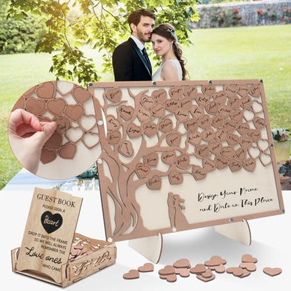 Wedding Guest Book Alternative, Guest Book Wedding Reception with Wooden Hearts Guest Book Signs for Wedding Anniversary Birthday Party Baby Shower - color: Wood