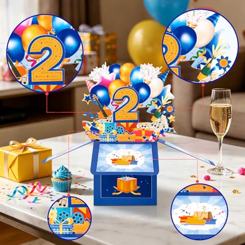 GREETING ART Happy 2nd Birthday Pop Up Card,Funny Guitar Ballons Box Themed - color: 2nd