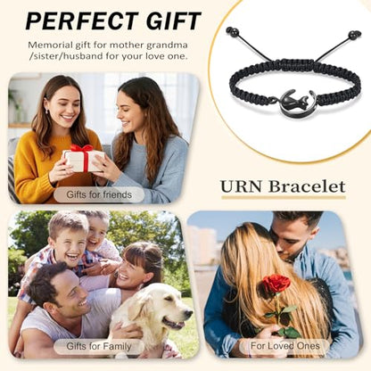 Oinsi Cat Urn Bracelet Cremation Jewelry for Pets Ashes Keepsake Handmade Braided Rope Adjustable Bangle Stainless Steel Urn Bangle Memorial Jewelry - color: A-Black