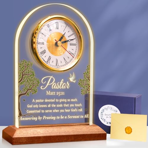 OkiyiD Pastor Appreciation Gifts, Pastor Gifts for Men Women, Light Up Quartz Clock with LED Wooden Base for Pastor Home Office Decor, Lighting Desk Table Clock,Thank You Presents for Pastor Preacher - color: Pattern 6