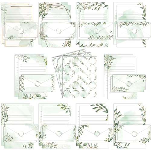 TaoBary 160 Pcs Stationery Paper Set 50 Double Sided Stationery Papers with 50 Matching Envelopes and 60 Round Dot Sticker, 10 Design(Green Leaves,8.5 x 11 Inch) - size: 8.5 x 11 Inch, style: Green Leaves