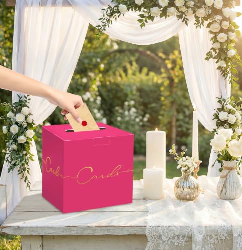 HEIPINIUYE Hot Pink Wedding Card Box with Gold Foil 9.8" x 9.8" Pink Large Gift Card Box for Party Wedding Reception Graduation Birthday Baby Shower Cardboard Raffle Envelope Box with Slot - color: Hot Pink Card Box with Gold Foil