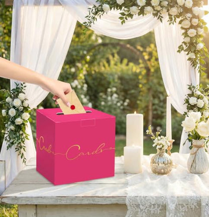 HEIPINIUYE Hot Pink Wedding Card Box with Gold Foil 9.8" x 9.8" Pink Large Gift Card Box for Party Wedding Reception Graduation Birthday Baby Shower Cardboard Raffle Envelope Box with Slot - color: Hot Pink Card Box with Gold Foil