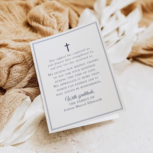 Navy Blue Funeral Thank You Cards with Cross | Personalized, 4.25x5.5, Sympathy Acknowledgement Cards, With Envelopes, Folded Card