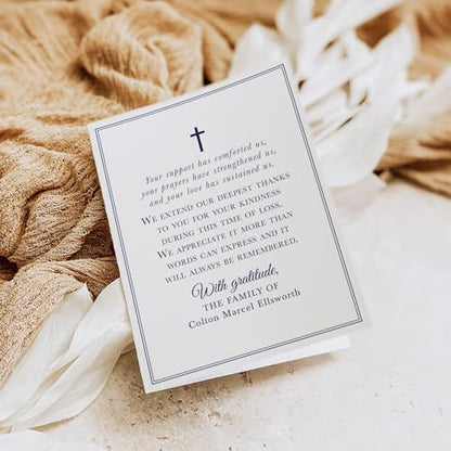 Navy Blue Funeral Thank You Cards with Cross | Personalized, 4.25x5.5, Sympathy Acknowledgement Cards, With Envelopes, Folded Card
