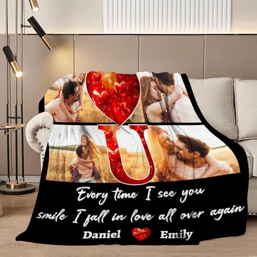 D-Story Custom Photo Blankets with Names Personalized Valentine's Day Gifts for Her Him Customized Picture Blanket Flannel Throw Blanket I Love You Couple Gifts for Wife Husband Anniversary Wedding - color: Vd02