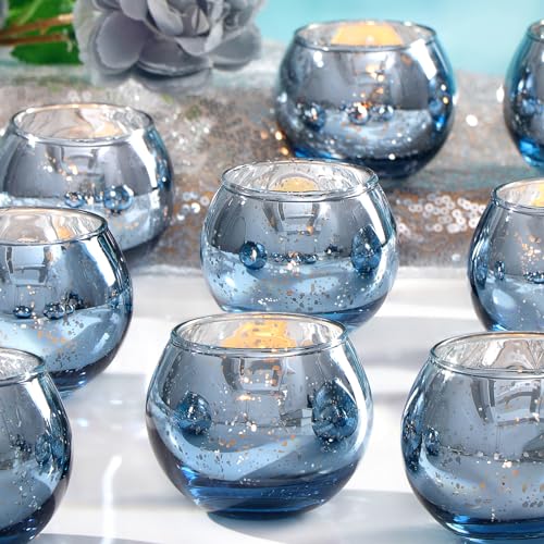 12 Pcs Blue Votive Candle Holders- Blue Centerpieces for Tables, Round Mercury Glass Candle Holder for Bridal Shower Decorations, Wedding Decor - color: Blue