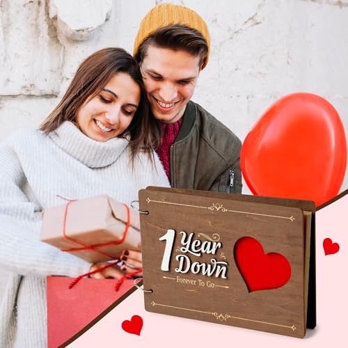 CY2SIDE Couple 1 Year Anniversary Scrapbook - 111PCS 1st Down Photo Wooden Album Scrapbook Craft Kit with Heart Puzzle Brown Paper Sticker Marker Template for DIY Anniversary Dating Gifts for Him Her - style: 1 Year Couple