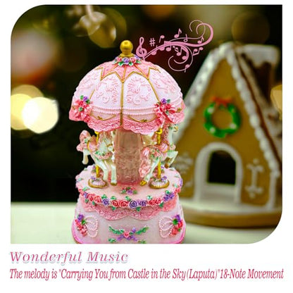 Carousel Music Box,Luxury Color Change LED Light ,Luminous Rotating 3-horse | Luminous Music Box, musical box with Gift Box for Girls Birthday Valentine Gift (Castle in the Sky, Pink) - color: Pink, style: Castle in the Sky