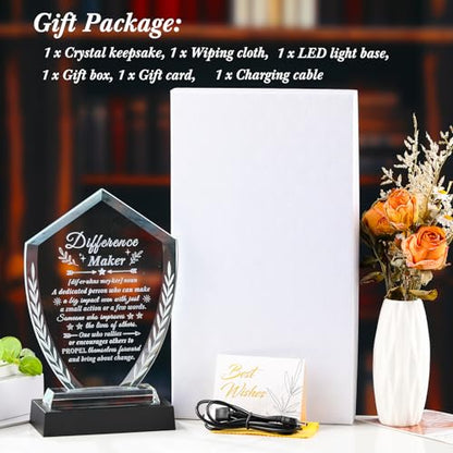 Difference Maker Gifts for Women Men, Appreciation Crystal Plaque | Difference Maker Engraved Definition Desk Decor with Light Base, You Made a Difference Gifts for Teacher Nurse Mentor Boss - style: Difference maker+Light Base