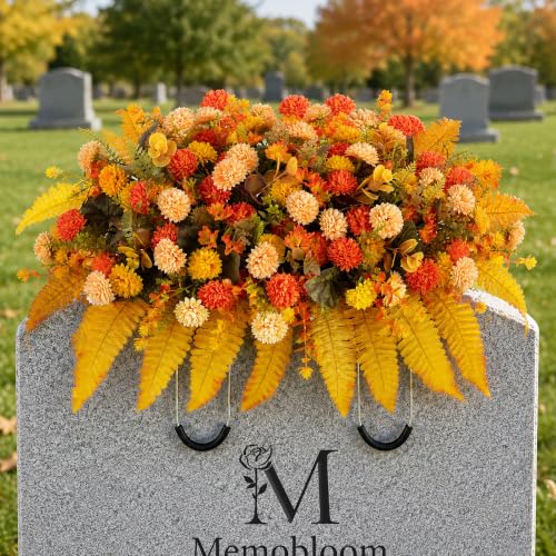 Fall Flowers for Cemetery Decorations: Headstone Flower Saddle | Fake Silk Mums, Orange, Artificial Cemetery Flowers Fall Colors for Outdoor Grave Decor, Tombstone, Gravestone - color: Orange & Red