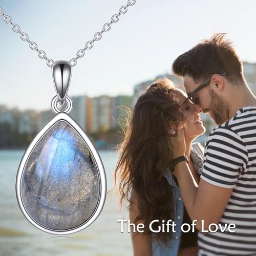 CRMAD Larimar/Opal/Lapis Lazuli/Tourmaline/Malachite/Labradorite/Turquoise/Onyx/Rose Quartz/Amber/Peridot Necklace for Women 925 Sterling Silver Teardrop Pendant Jewelry Gifts - color: Labradorite