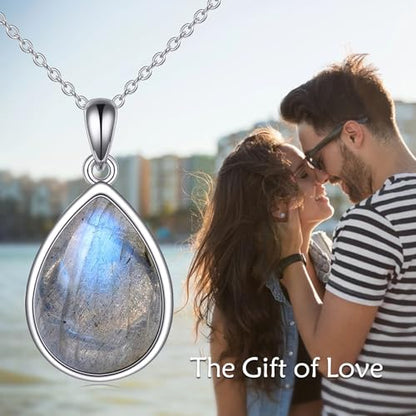 CRMAD Larimar/Opal/Lapis Lazuli/Tourmaline/Malachite/Labradorite/Turquoise/Onyx/Rose Quartz/Amber/Peridot Necklace for Women 925 Sterling Silver Teardrop Pendant Jewelry Gifts - color: Labradorite