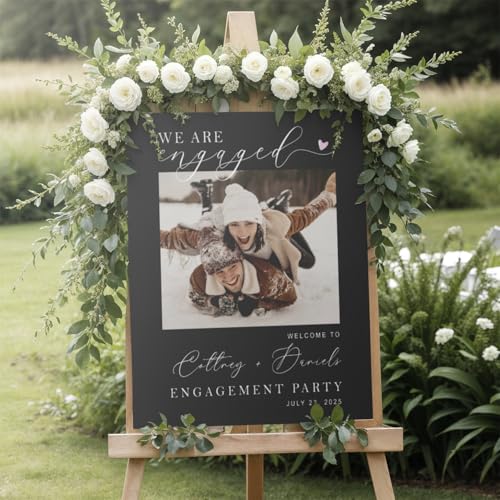 Customized Engagement Party Welcome Sign with Personalized Photo | Custom Couple Names & Date | Black Engagement Backdrop | Waterproof PVC Celebration Board - color: Design 14