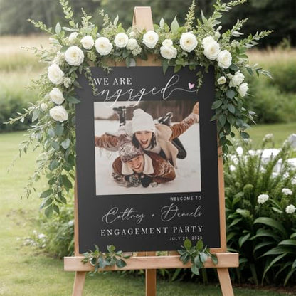 Customized Engagement Party Welcome Sign with Personalized Photo | Custom Couple Names & Date | Black Engagement Backdrop | Waterproof PVC Celebration Board - color: Design 14