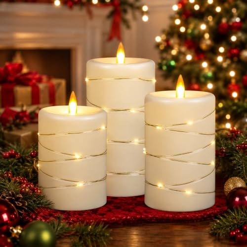 Upinmz Flickering Flameless Candles with String Lights, Battery Operated Candle, LED Pillar Fake Candle with Remote Control and Timer -3 Pack Ivory White - size: Ivory-Acrylic-3 Pack