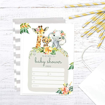 Canopy Street Boho Safari Animal Baby Shower Invites / 25 Welcome Baby Desert Animals Party Invitations / 5" x 7" Flat Floral New Baby Party Invitation Cards/Made In The USA - color: Boho Safari Animal