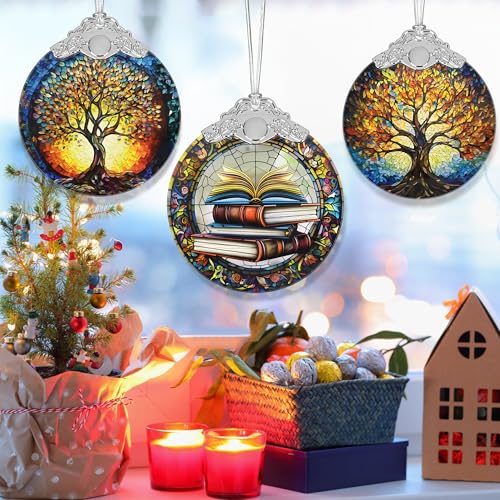 Book Lovers Gifts: Stained Glass Book Ornaments for Christmas Tree - color: Stacked Book