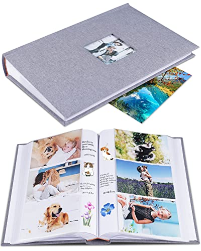 1DOT2 Photo Album for 4x6 Pictures with Writing Space, Grey | Holds 402 Photos,Linen Cover with Front Window, Acid-free Inner Pages, Ideal for Marriage Children Travel Family - color: Grey