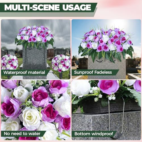 3 PCS Artificial Cemetery Flowers for Grave, Headstone Flower Saddle - color: Purple and White