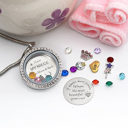 Beffy Locket Gifts for Niece Aunt, Floating Living Memory Necklace Pendant | Pendant Charm & Birthstone for Women, Mothers Day, Birthday, Stainless Steel - color: NiecesAunt-C001