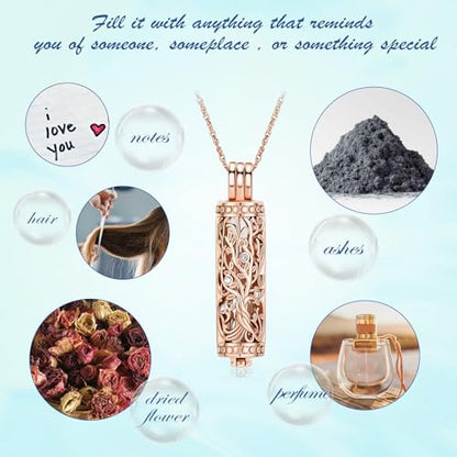 Tree of Life Urn Necklace for Women Men Cylinder Bar Memorial Ash Pendant | Tree of Life Cremation Jewelry,Stainless Steel Keepsakes Necklaces,Vial Ashes Pendant - color: Rosegold