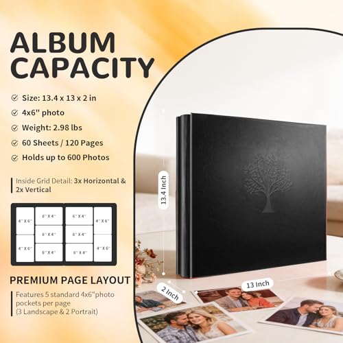 Photo Album 4x6 600 Pockets Photos, Large Capacity Leather Cover Photo Book | Slip-In Horizontal & Vertical Pockets Acid-Free Waterproof Picture Albums Great for Family Baby Wedding Holiday & Anniversary - color: Black