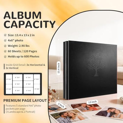 Photo Album 4x6 600 Pockets Photos, Large Capacity Leather Cover Photo Book | Slip-In Horizontal & Vertical Pockets Acid-Free Waterproof Picture Albums Great for Family Baby Wedding Holiday & Anniversary - color: Black
