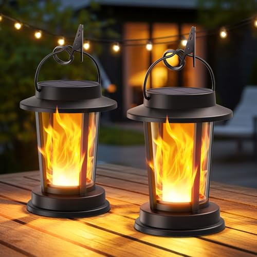 Solar Lanterns Outdoor Waterproof, Flickering Flame Solar Powered | 2 Pack Upgraded Solar Lights Outdoor, Hanging Lanterns Decorative, Waterproof, For Garden Yard Patio Path Porch Tree Decor - color: Classic Black, size: 2 Pack