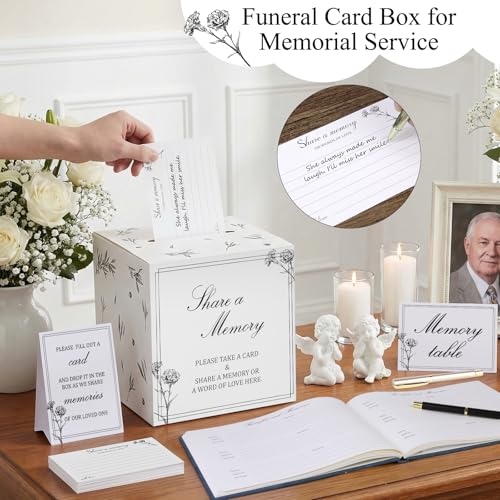 Funeral Guest Book Set with 50 Memory Cards, Drop Box & Pen for Celebration | Complete Memorial Table Set – Includes guest book, 50 memory cards, card drop box, table sign, instruction card and 2 pens. - style: Book Kit