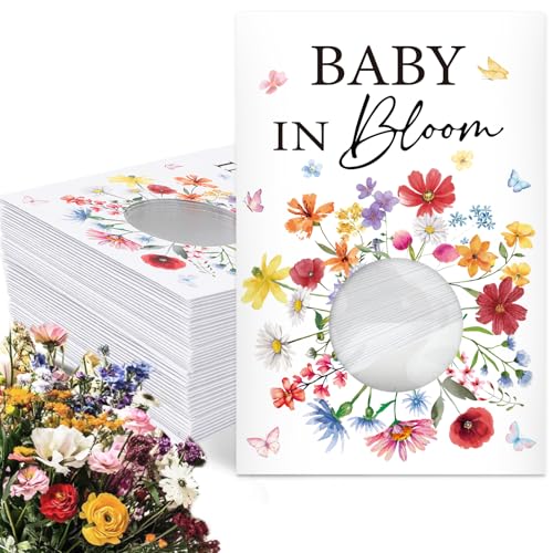 JarThenaAMCS 50 Pack Spring Baby Shower Party Favor Wildflower Baby in Bloom Seed Packet White Envelope with Clear Window Resealable Seed Organizer Storage Bag for Guest Gender Reveal Party