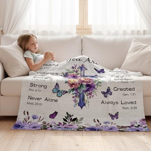 Wxiben Christian Blanket Gifts for Women - Religious Faith Bible Baptism Gift, Catholic Christmas Birthday Gifts for Mom Sister Friend, Purple Flower Cross Inspirational Soft Throw Blanket 59"X 51"