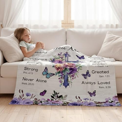 Wxiben Christian Blanket Gifts for Women - Religious Faith Bible Baptism Gift, Catholic Christmas Birthday Gifts for Mom Sister Friend, Purple Flower Cross Inspirational Soft Throw Blanket 59"X 51"