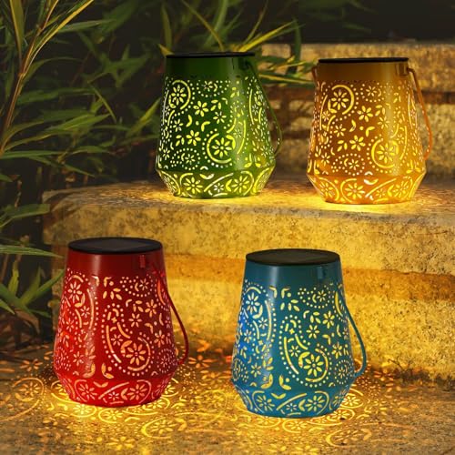 Solar Lanterns 4 Pack Outdoor Waterproof Solar Lights, Auto ON/Off Lanterns | Birthday Gifts for Women Hanging Solar Powered Decorative Lantern with Handle for Outside Patio Yard Table Fence