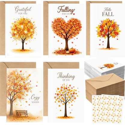 Eaasty 100 Sets Cards with Stickers and EnvelopesBlank Inside Funny Card 5 Style Greeting Card Designs (Autumn Folding Style) - style: Autumn Folding Style