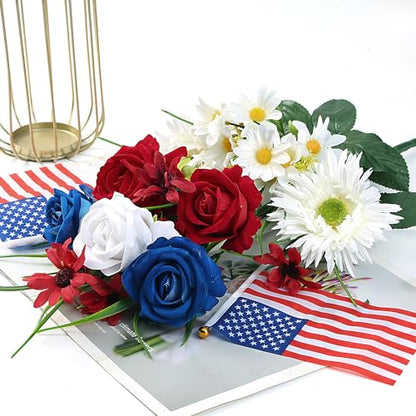 Sggvecsy 2 Pcs Patriotic Artificial Flowers Memorial Bouquet Fake Red Blue Cemetery Flowers with American Flags Roses Daisy for Grave 4th of July Memorial Day Independence Day Veterans Decoration