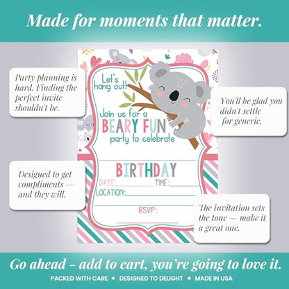 Amanda Creation Koala Birthday Invitations, 20 Pack 5x7 Fill-In Koala Party Invitations with White Envelopes, Let's Hang Out Cute Bear Birthday Cards, Made in USA - color: Let's Hang Out Cute Koala Bear