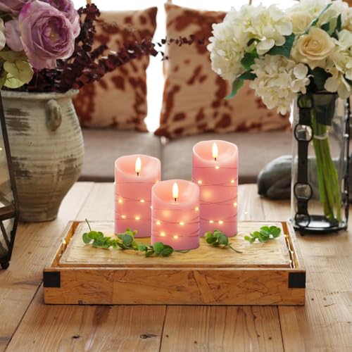 Homemory Flameless Candles with String Lights, 3 Pack Embedded Fairy String Lights LED Candles, Electric Flickering Candles with Remote Control and Timer, Real Wax, Pink - color: Pink