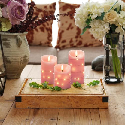 Homemory Flameless Candles with String Lights, 3 Pack Embedded Fairy String Lights LED Candles, Electric Flickering Candles with Remote Control and Timer, Real Wax, Pink - color: Pink