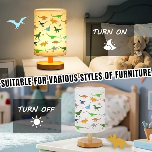 WSYEAR Dinosaur Kids Table Lamp for Bedroom Kids Bedside Lamp with Linen Wooden Nightstand Cartoon Nursery Lampshade for Girls Boys Living Room - color: Dinosaur