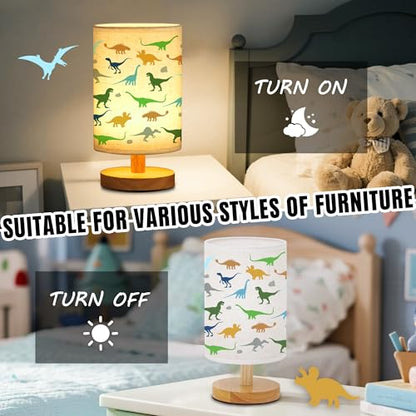 WSYEAR Dinosaur Kids Table Lamp for Bedroom Kids Bedside Lamp with Linen Wooden Nightstand Cartoon Nursery Lampshade for Girls Boys Living Room - color: Dinosaur